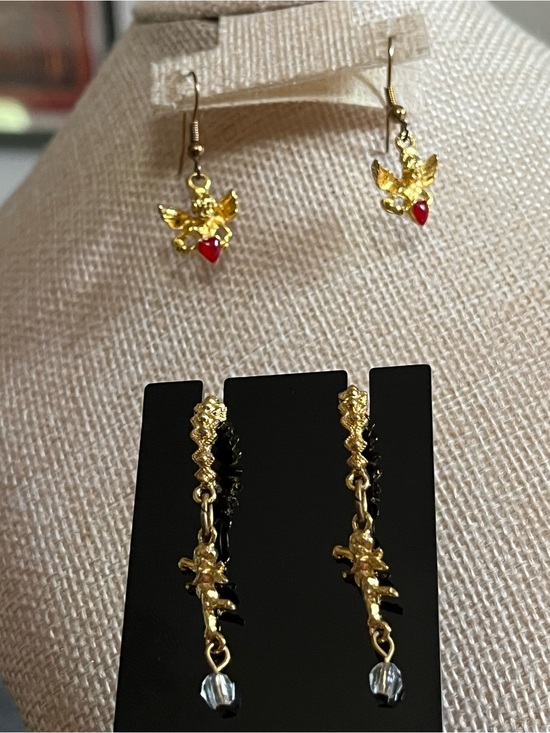 Jewelry - Bundle Cherub Gold and Red Heart Drop Earrings - Women Jewelry